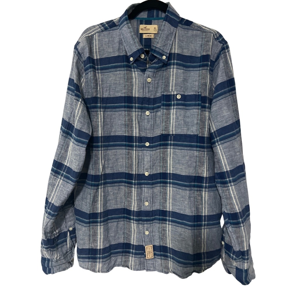 Hollister Mens XL Blue Striped Linen Blend Long Sleeve Button Down Shirt Coastal